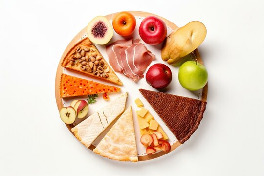 Pie chart with food on white background, from a top view. Promotes healthy balanced diet. Generative AI