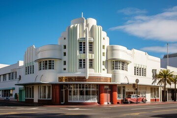 Iconic structures exemplifying art deco style in Napier, NZ. Generative AI