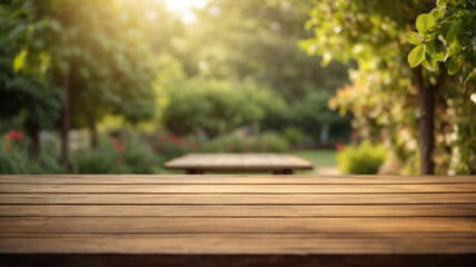 empty wooden table with garden background of a house with plants day light, space for text and display product