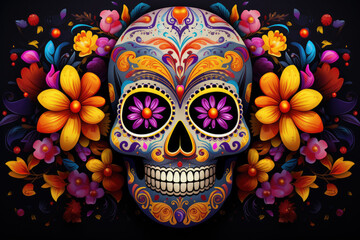 Mexico's Day of the Dead Celebration (dia de los muertos) (day of dead) Vibrant magic Day of the Dead black background / Colorful mexican decorative sugar skull - obrazy, fototapety, plakaty
