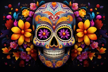Fotobehang Mexico's Day of the Dead Celebration (dia de los muertos) (day of dead) Vibrant magic Day of the Dead black background / Colorful mexican decorative sugar skull © Prime Lens