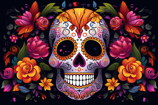 Mexico's Day of the Dead Celebration (dia de los muertos) (day of dead) Vibrant magic Day of the Dead black background / Colorful mexican decorative sugar skull