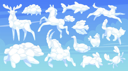 Animal shaped clouds. Cartoon fluffy sky white elements, kids dreamlike imagination, flying bear, horse, deer and bunny, abstract crab, dolphin and hedgehog, tidy vector silhouettes set