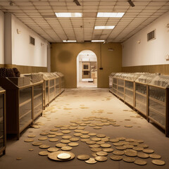  a deserted coin shop in gold color 
