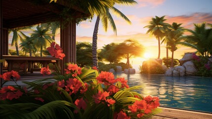 Tropical Foliage Incorporate the lush tropical foliage surrounding the pool villa into your composition. 