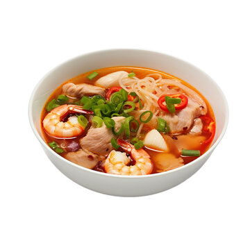 spicy tom yum with shrimps isolated on white background, ai generated