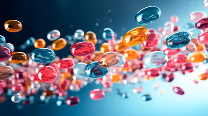 Isolated multicolored medical capsules flying on a dark background. Generative AI technology.
