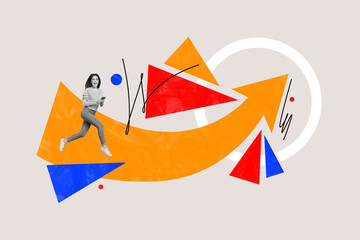 Creative composite artwork photo collage of active smart woman hold smartphone track productivity in app isolated on drawing background