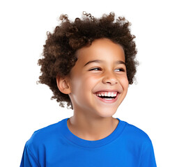 a professional portrait studio photo of a cute mixed race boy child model with perfect clean teeth laughing and smiling, png transparent, generative ai