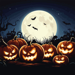 Halloween pumpkins under the moonlight vector art