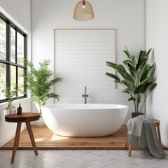 A sanctuary of relaxation with white subway tiles, accented with touches of natural wood. A freestanding bathtub under a window, perfect for soaking while admiring nature.
