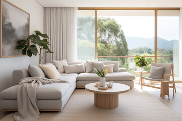 A plush sofa draped with a knitted throw, surrounded by minimalist wooden furniture. Floor-to-ceiling windows draped with light linens. Potted green plants