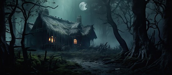 Cabin of a forest witch With copyspace for text - obrazy, fototapety, plakaty