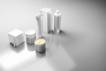 White cosmetic bottles isolated on white background, 3d render