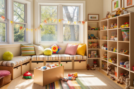 A cozy reading nook by the window, adorned with soft cushions and a canopy. Wooden storage bins keep the room organized, while playful textiles add a touch of childlike joy