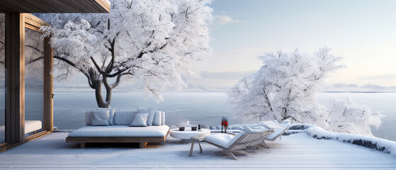 Winter, snowy patio of suburban penthouse. Luxury exterior design scene.Villa facade, backyard terrace, with couches and lounge chairs. Vacation, wellness, resort, hotel, penthouse.Generative ai