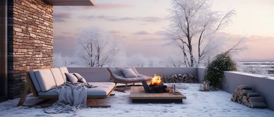 Winter, snowy terrace on roof of suburban house. Luxury exterior design scene.Villa facade, backyard with couches and lounge chairs. Vacation, wellness, resort, hotel, penthouse.Generative ai - obrazy, fototapety, plakaty