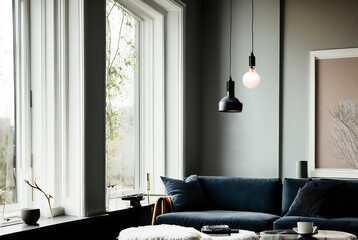 紺色のソファのある部屋の窓辺,generative ai - obrazy, fototapety, plakaty