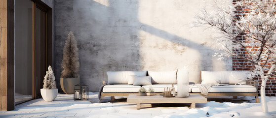 Winter, snowy patio of suburban penthouse. Luxury exterior design scene.Villa facade, backyard terrace, with couches and lounge chairs. Vacation, wellness, resort, hotel, penthouse.Generative ai