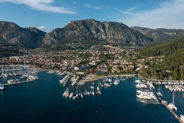 Aerial view of beautiful harbour of Gocek village