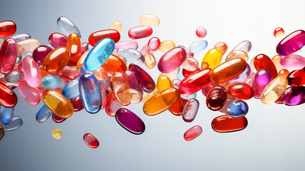 Close up of colorful pills on white reflective surface. Focus on foreground. Generative AI technology.