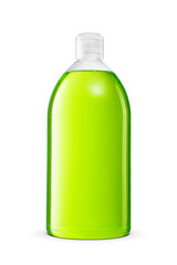 Green shower gel or shampoo in transparent plastic bottle isolated. Transparent PNG image.