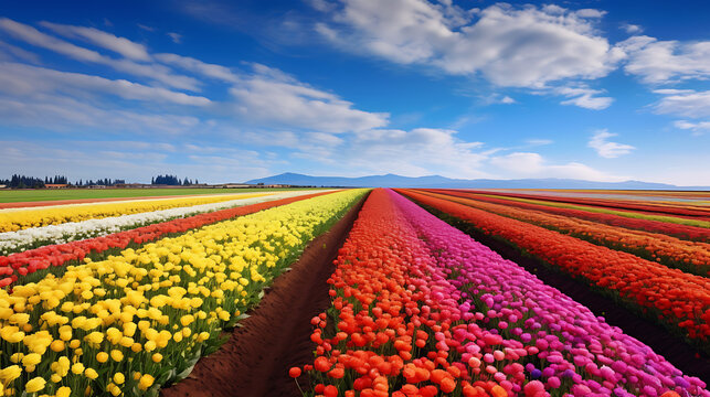 Create an image of a vibrant and colorful flower field in full bloom, with rows of flowers as far as the eye can see, representing the beauty and abundance of floral landscapes