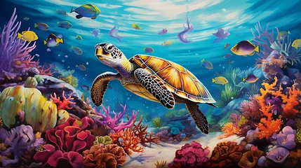 Fotobehang Craft a scene of a colorful and vibrant coral reef teeming with marine life, from colorful fish to graceful sea turtles, illustrating the diversity and vibrancy of underwater ecosystems © Alin