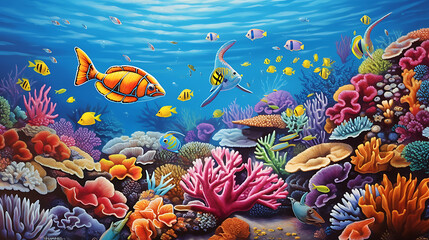 Naklejka na ściany i meble Craft a scene of a colorful and vibrant coral reef teeming with marine life, from colorful fish to graceful sea turtles, illustrating the diversity and vibrancy of underwater ecosystems