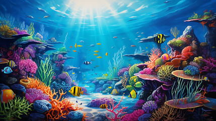 Craft a scene of a colorful and vibrant coral reef teeming with marine life, from colorful fish to...