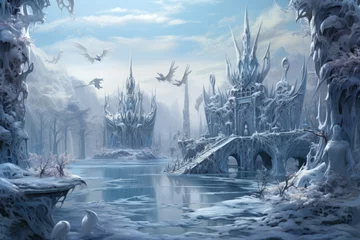 Gordijnen Graceful frost faeries, creating intricate ice sculptures in frozen landscapes - Generative AI © Sidewaypics