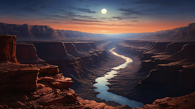 Create an image of a vast and rugged canyon with meandering river below, illuminated by the soft glow of a full moon, highlighting the grandeur and timeless allure of geological wonders