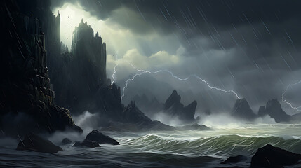 Design an image of a rugged coastal cliff with crashing waves below, dramatic sea stacks rising...