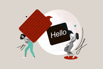 Creative composite abstract artwork photo collage of chatty crazy girl sends many messages to her friend isolated on drawing background