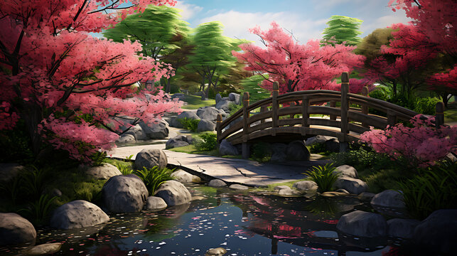 Design an image of a tranquil Japanese garden, with a wooden bridge over a koi pond, cherry blossom trees in full bloom, and a sense of serenity and harmony, exemplifying the artistry and beauty of Ja