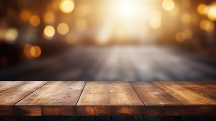 The empty wooden table top with blur background