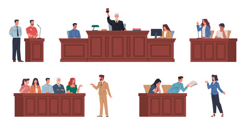 Judicial system people. Wooden tribunes with law representatives, jurors, accused, witness and prosecutor, court session, legal defence process or court tribunal, cartoon flat nowaday vector set - obrazy, fototapety, plakaty