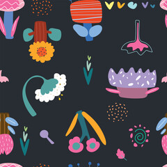 Seamless pattern with cartoon naive flowers, hearts, leaves, spots, dots on black background. Kids pattern. Vector illustration.