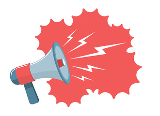 Megaphone on red background. Loudspeaker with white lightning signs. Public speaking equipment, promo and advertising symbol. Promotion announces. Cartoon flat isolated vector concept