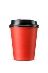 Red paper disposable cup for hot beverages to go. Take away container isolated. Transparent PNG image.