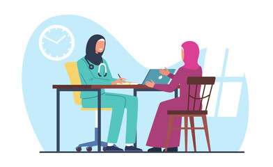 Muslim female doctor sees patient. Consultation and examination. Arab women in hijab, medical specialist consulting person in clinic office. Cartoon flat style isolated vector concept