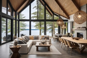 modern natural contemporary interior design concept living room with wooden and natural texture decoration beautiful house with nature view background