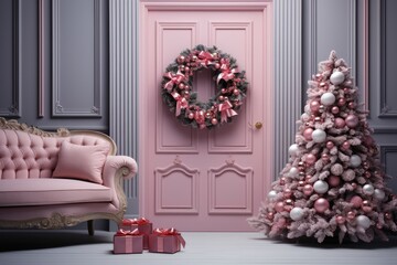 Interior in pink tones. Pink Christmas tree and Christmas wreath on a pink door