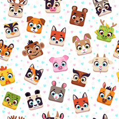 Seamless pattern with animals. Wildlife and domestic square characters. Childish textile, wrapping paper, wallpaper design. Print for fabric. Cartoon flat style isolated vector concept