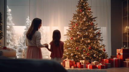 child near Christmas tree in living room