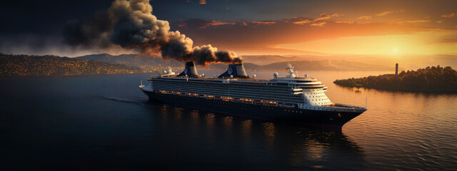luxury cruise ship polluting the air with its large chimneys - Cruise ship pollution concept - obrazy, fototapety, plakaty