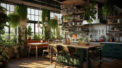 Fototapeta premium An urban jungle kitchen with botanical prints and hanging greenery
