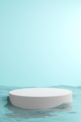 Front view of transparent podium and blank space in blue water background, 3d render