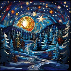 Winter night landscape in stained glass style - obrazy, fototapety, plakaty