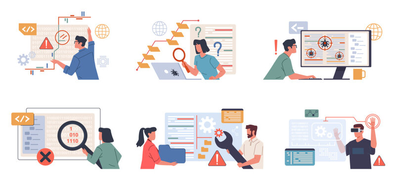 Software testers work. IT company employees looking for bugs and errors in applications and programs, web development, teamwork PC coding, cartoon flat style isolated nowaday vector set